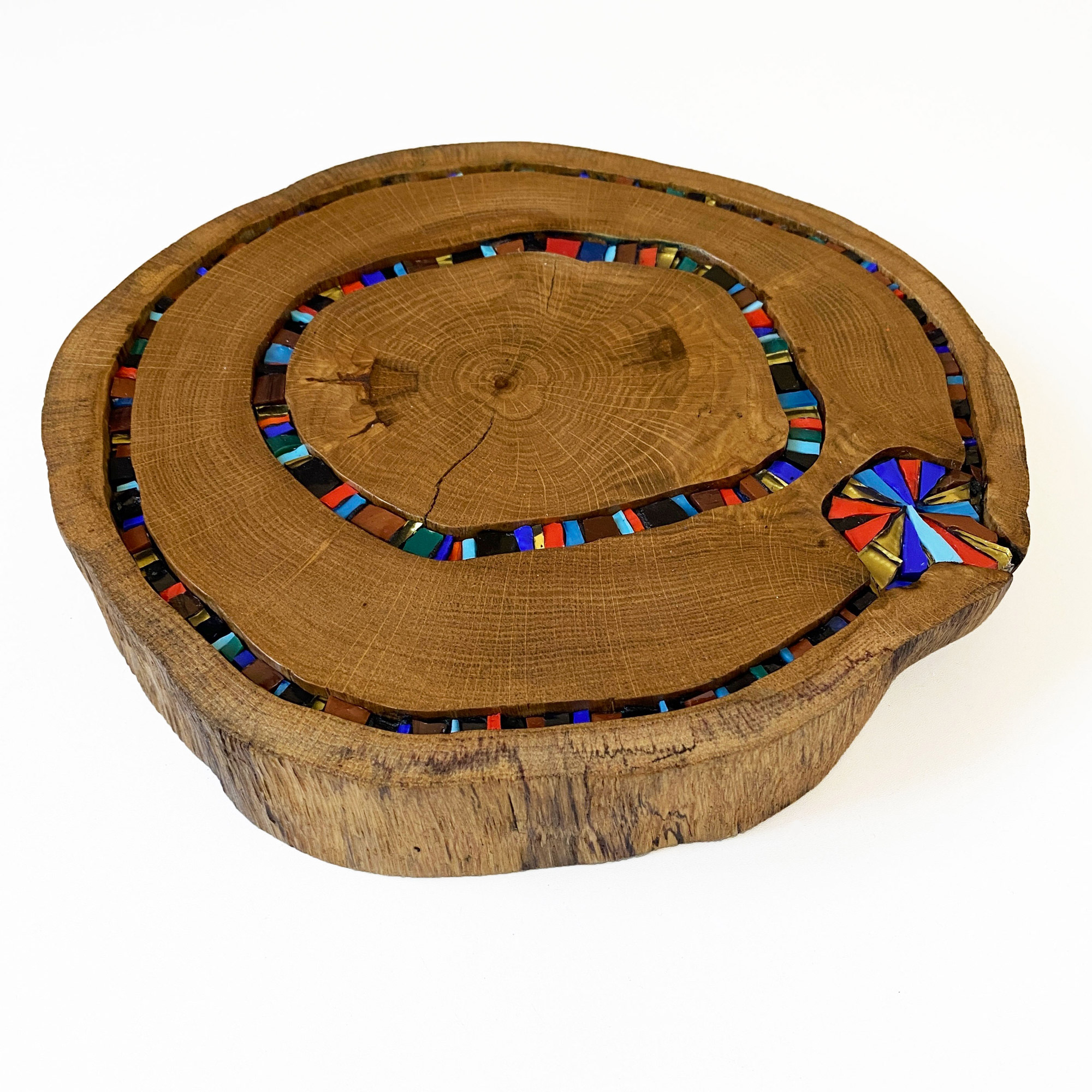 Подставка под горячее, спил дуба, сине-красный